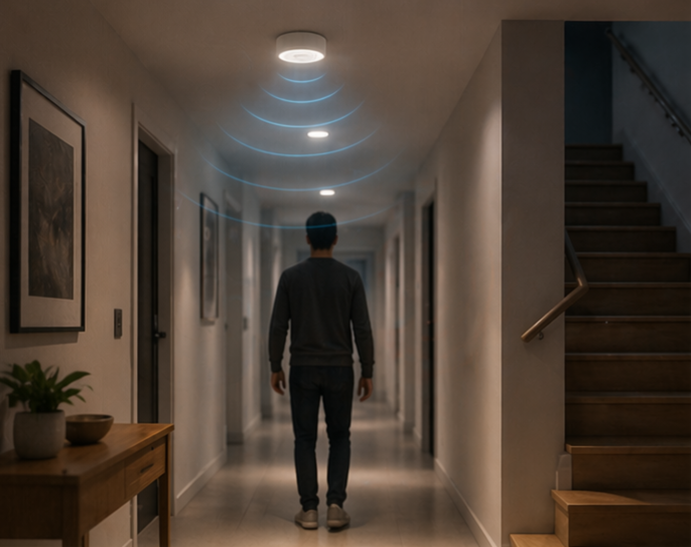 Ceiling-mounted presence sensing in a home hallway